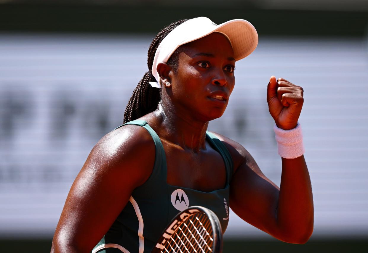 Sloane Stephens celebrates a point against Karolina Pliskova of Czech Republic during their women's first-round match on Day 2 of the French Open.