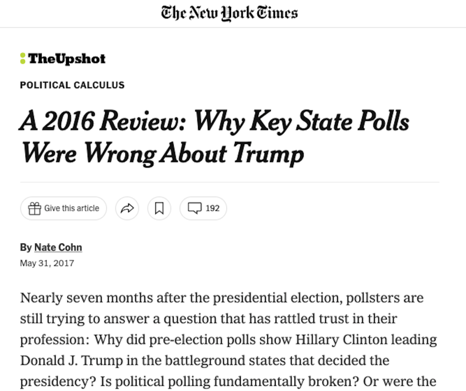 Pollsters in 2016 predicted Democratic presidential candidate Hillary Clinton would win some states that she actually lost. <a href="https://www.nytimes.com/2017/05/31/upshot/a-2016-review-why-key-state-polls-were-wrong-about-trump.html" rel="nofollow noopener" target="_blank" data-ylk="slk:Screenshot, New York Times;elm:context_link;itc:0;sec:content-canvas" class="link ">Screenshot, New York Times</a>