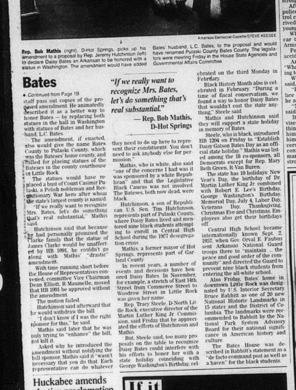 An Arkansas Democrat-Gazette newspaper clipping from 2001 shares the proposed plans to honor Daisy Gatson Bates.