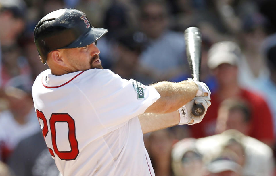 波士頓紅襪隊史上相當著名的20號選手Kevin Youkilis。（Photo by Winslow Townson/Getty Images）