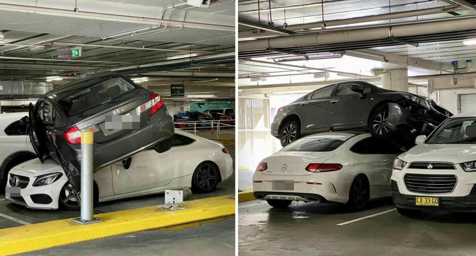 Videos and photos have surfaced of a Honda Civic parked atop a luxury Mercedes in Westfield Hurstville. Source: Facebook / Jake Yang