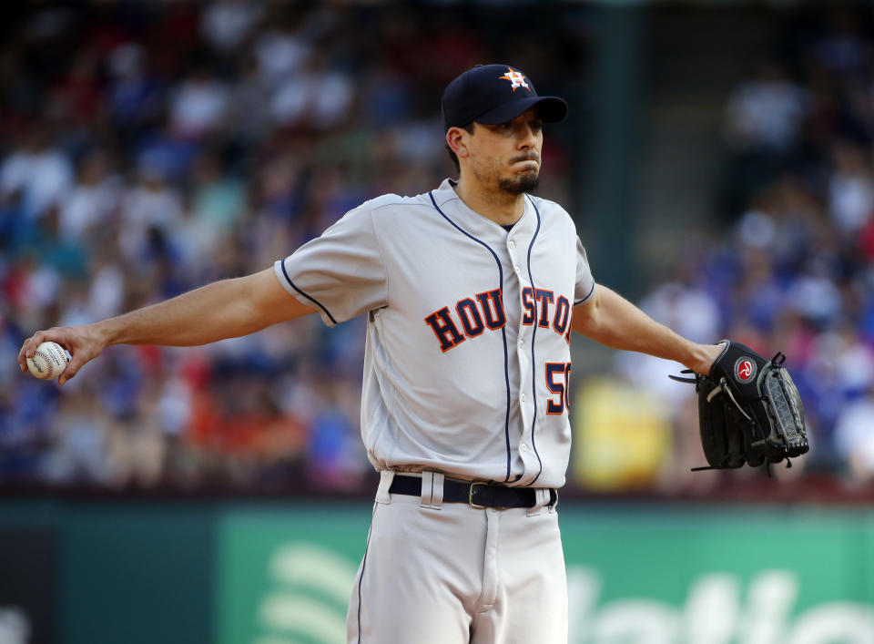 Astros pitcher Charlie Morton escaped an historically bad day on the mound Saturday thanks to an even more abysmal outing by Rangers hitters. (AP)