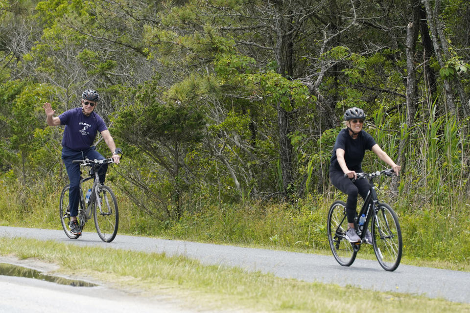 President Joe Biden and first lady Jill Biden take a bike ride in Rehoboth Beach, Del., Thursday, June 3, 2021. The Biden's are spending a few days in Rehoboth Beach to celebrate first lady Jill Biden's 70th birthday. (AP Photo/Susan Walsh)