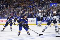 Apr 20, 2019; St. Louis, MO, USA; St. Louis Blues left wing Jaden Schwartz (17) handles the puck during the third period in game six of the first round of the 2019 Stanley Cup Playoffs against the Winnipeg Jets at Enterprise Center. Mandatory Credit: Jeff Curry-USA TODAY Sports