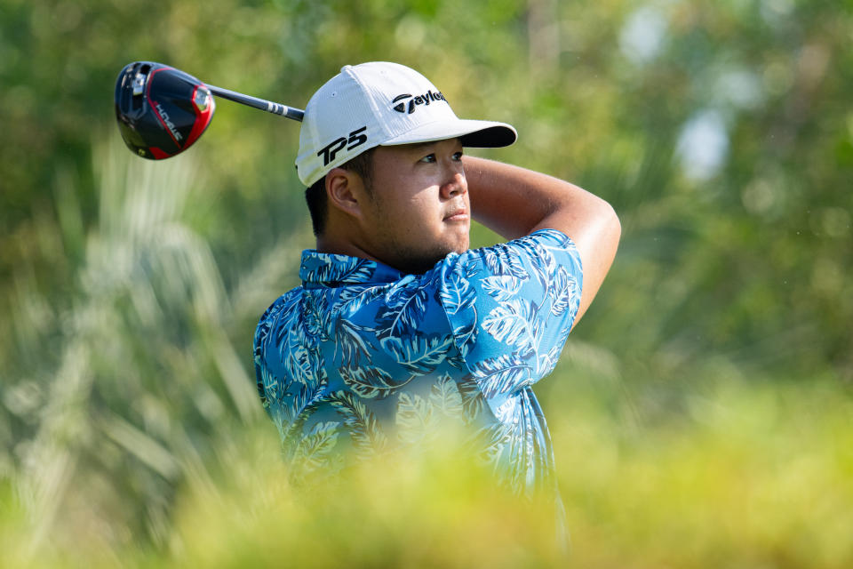 Sampson-Yunhe Zheng of China hits his shot from the third tee during the second round of the LIV Golf Promotions at the Abu Dhabi Golf Club on Saturday, December 09, 2023 in Abu Dhabi, United Arab Emirates. (Photo by Montana Pritchard/LIV Golf)