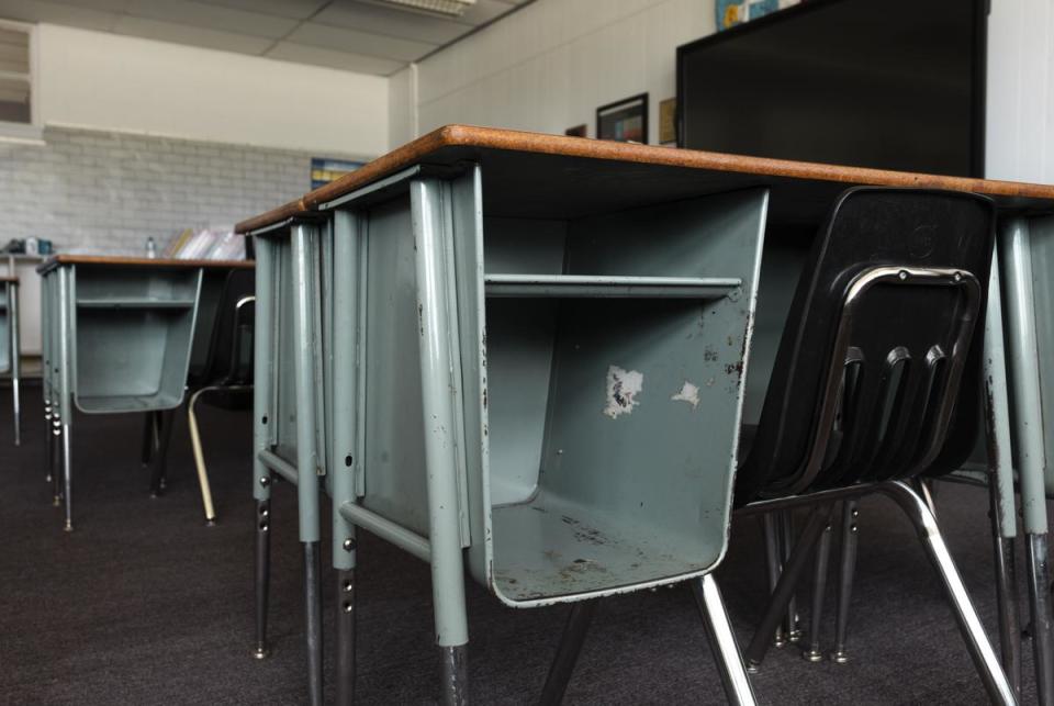 Desks in a classroom at Alpine Elementary School.