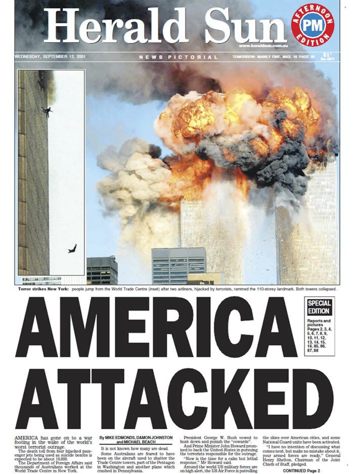 The front page of Melbourne, Australia newspaper the Herald Sun on 12 September, 2001 (Herald Sun)