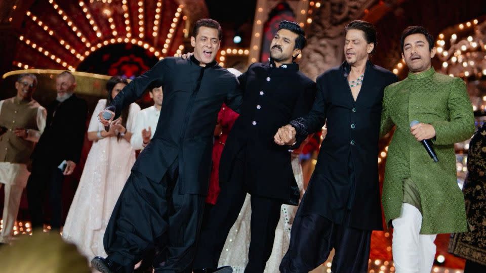 Actors Salman Khan, Ram Charan, Shah Rukh Khan and Aamir Khan perform during the pre-wedding celebrations. - Reliance Industries/Handout/Reuters