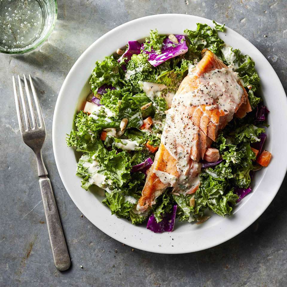 Superfood Chopped Salad with Salmon & Creamy Garlic Dressing