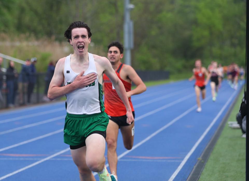 Irvington's Liam Lyons crosses the finishline in the 1600-meter run during day 1 of the Westchester County track & field championships at Horace Greeley High School in Chappaqua on Friday, May 20, 2022.