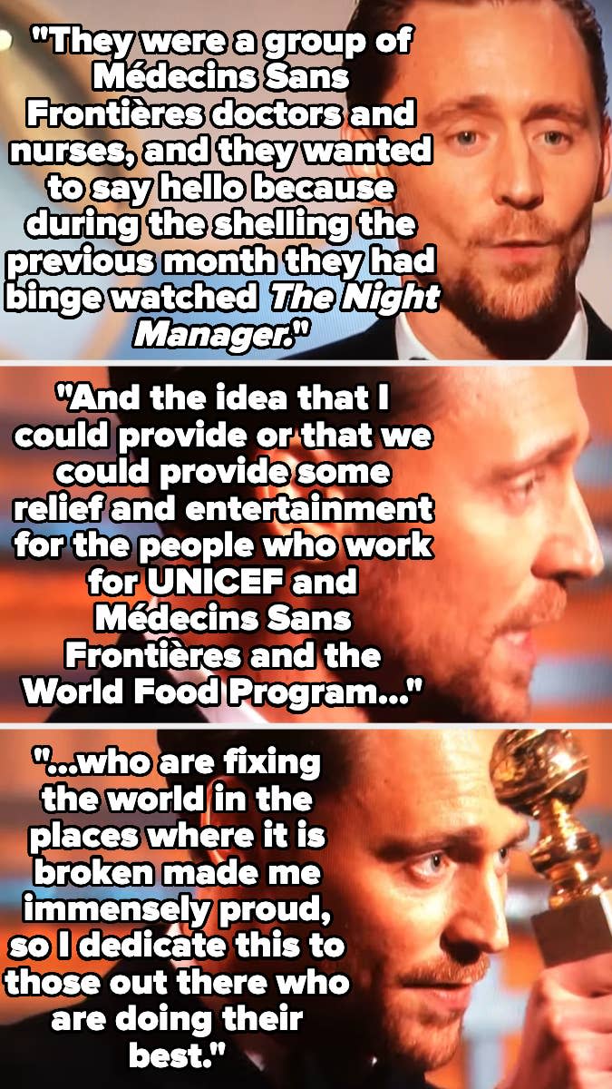 Screenshots of Tom Hiddleston's acceptance speech