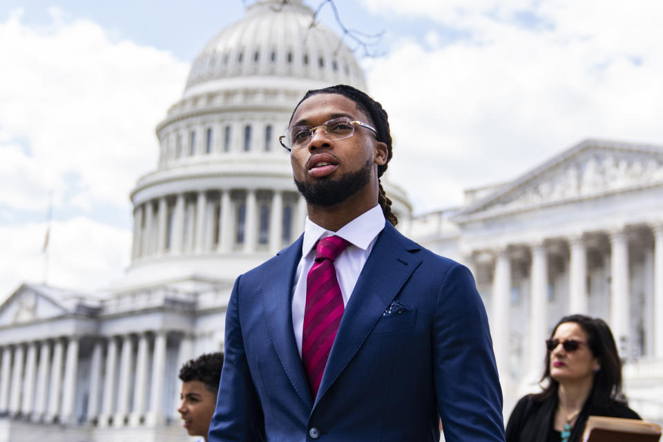 UNITED STATES - MARCH 29: Buffalo Bills safety Damar Hamlin is seen outside the U.S. Capitol before a news conference on the Access to AEDs Act, which aims improve access to defibrillators in schools, on Wednesday, March 29, 2023. (Tom Williams/CQ-Roll Call, Inc via Getty Images)