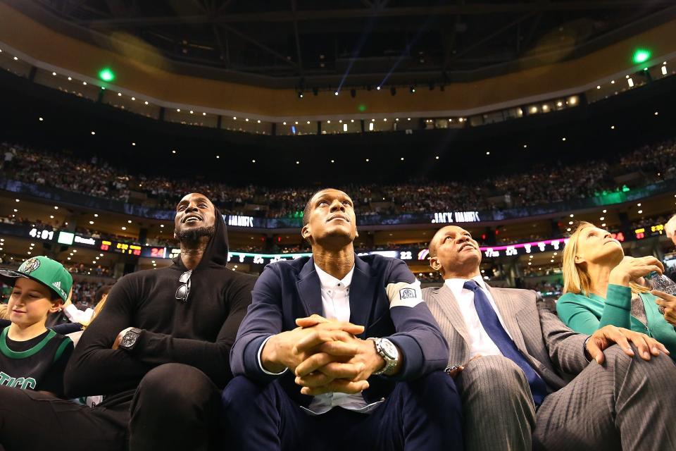 BOSTON, MA - FEBRUARY 11:  Former Boston Celtics players Kevin Garnett, Rajon Rondo and former coach Doc Rivers look on during a game between the Boston Celtics and the Cleveland Cavaliers at TD Garden on February 11, 2018 in Boston, Massachusetts. Paul Pierce's jersey will be retired following the game. NOTE TO USER: User expressly acknowledges and agrees that, by downloading and or using this photograph, User is consenting to the terms and conditions of the Getty Images License Agreement.  (Photo by Adam Glanzman/Getty Images)