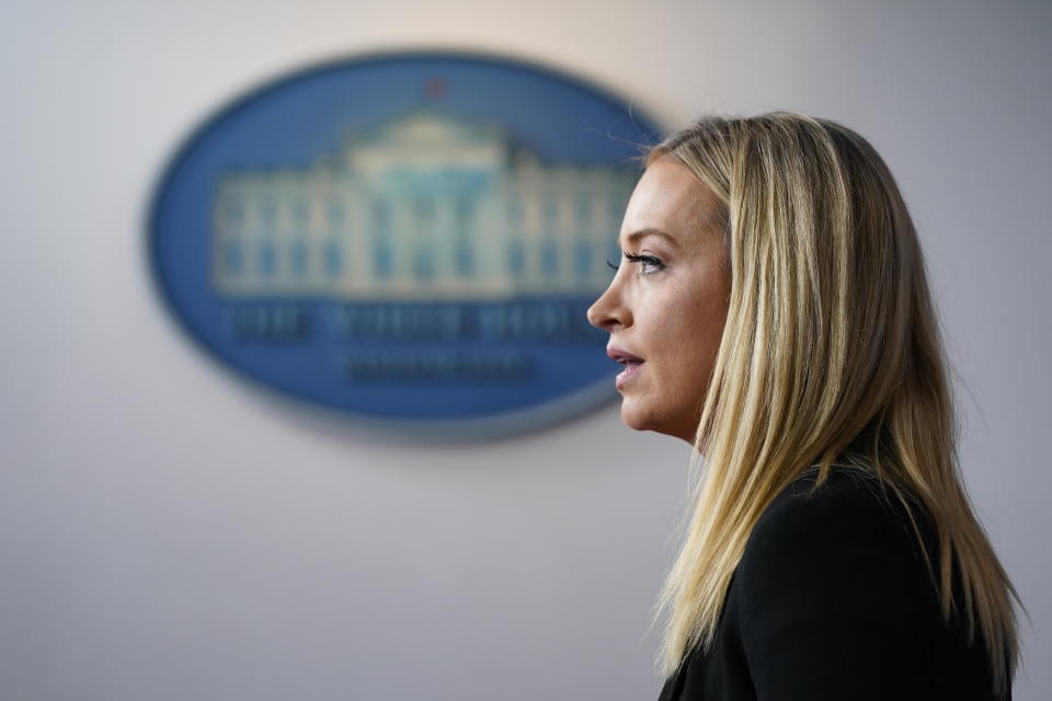 White House press secretary Kayleigh McEnany speaks during a press briefing at the White House, Thursday, Jan. 7, 2021, in Washington. (AP Photo/Patrick Semansky)