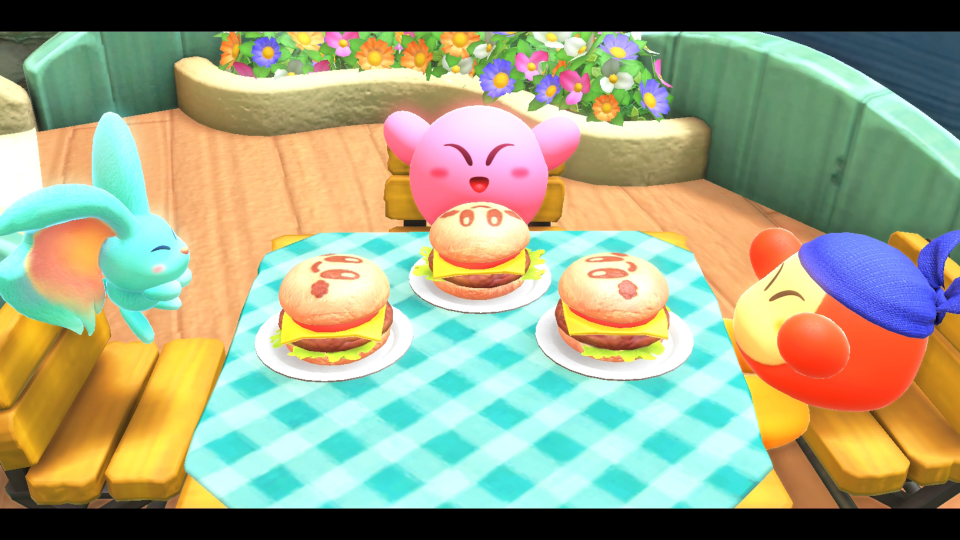 Kirby is eating a burger