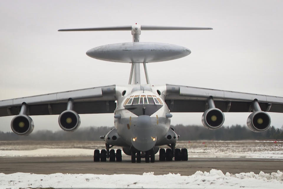 In this file photo made from video provided by the State TV and Radio Company of Belarus on Thursday, March 3, 2023, a Russian Beriev A-50 maneuvres at the Machulishchy Air Base near Minsk. After Russia invaded Ukraine, guerrillas from Belarus began carrying out acts of sabotage on their country's railways, including blowing up track equipment to paralyse the rails that Russian forces used to get troops and weapons into Ukraine. (State TV and Radio Company of Belarus via AP)