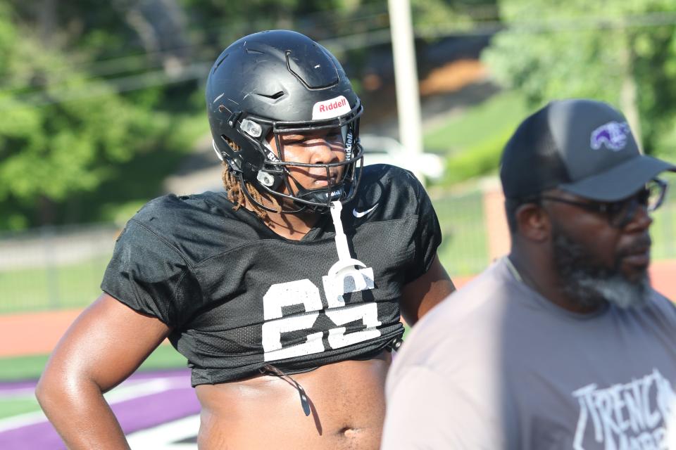 Amir Leonard-Jean Charles of Lipscomb Academy watches as trainers go through instructions for a drill during the Lipscomb Academy Showcase on Thursday, May 9, 2024, in Nashville, Tennessee.