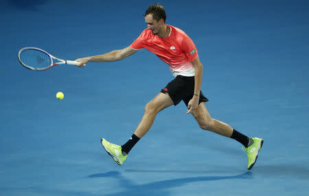 Tennis - Australian Open - Fourth Round - Melbourne Park, Melbourne, Australia, January 21, 2019. Russia's Daniil Medvedev in action during the match against Serbia's Novak Djokovic. REUTERS/Edgar Su