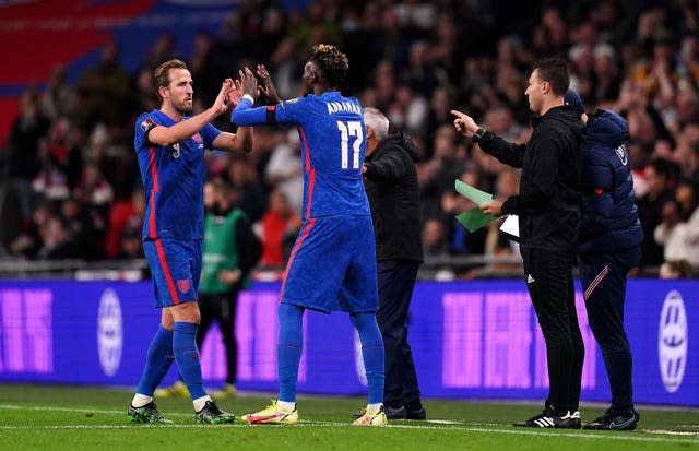 Tammy Abraham, right, replaces Harry Kane during the win over Albania