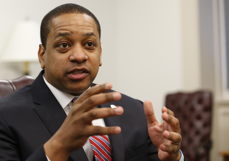 Virginia Lt. Gov. Justin Fairfax speaks during an interview in his office at the Capitol in Richmond, Va., on Saturday, Feb. 2, 2019.