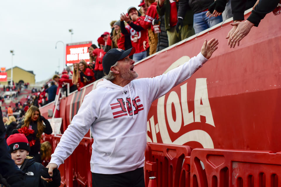 Nov 25, 2023; Salt Lake City, Utah, USA; Utah Utes head coach Kyle Whittingham thanks the fans after defeating the Colorado Buffaloes at Rice-Eccles Stadium. Mandatory Credit: Christopher Creveling-USA TODAY Sports