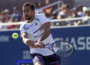 Marin Cilic, of Croatia, returns a shot to John Isner, of the United States, during round three of the US Open tennis championships Saturday, Aug. 31, 2019, in New York. (AP Photo/Michael Owens)