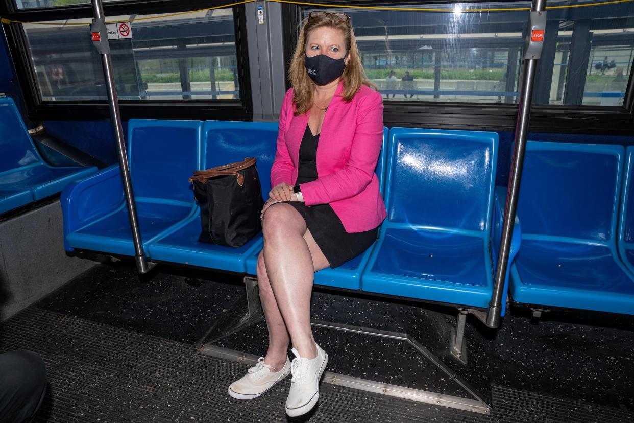 New York City mayoral candidate Kathryn Garcia rides the B46 bus in Brooklyn.