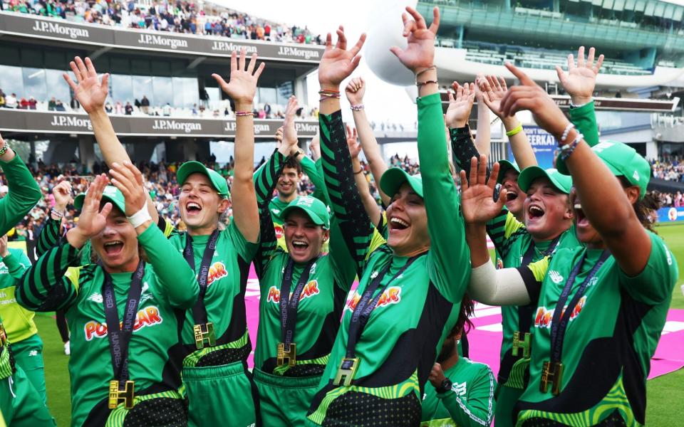 Southern Brave players celebrates after winning the women's hundred final