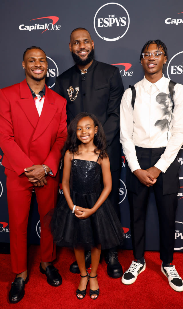HOLLYWOOD, CALIFORNIA – JULY 12: (L-R) Bronny James, LeBron James, Zhuri James, and Bryce James attend The 2023 ESPY Awards at Dolby Theatre on July 12, 2023 in Hollywood, California. <em>Photo by Frazer Harrison/Getty Images.</em>