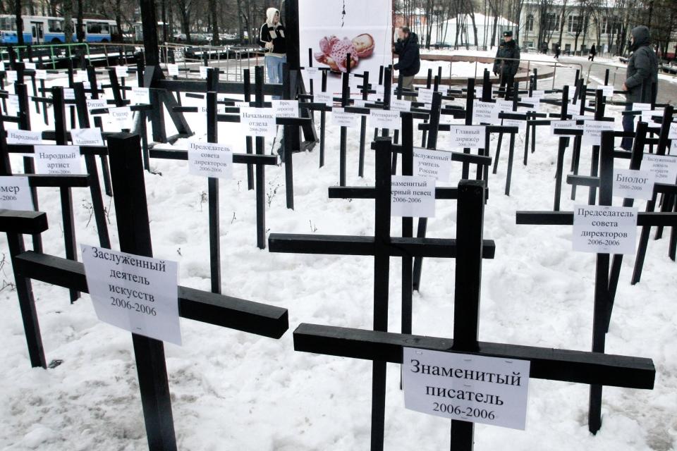 FILE - Members of religious branch of pro-Kremlin movement Nashi (Ours) place a poster behind a symbolic cemetery in downtown Moscow on Jan. 28, 2008, in an anti-abortion protest. In the span of three decades, Russia went from having some of the world's least-restrictive abortion laws to being what officials call a bulwark of “traditional values,” with the health minister condemning women for prioritizing careers over childbearing. (AP Photo, File)