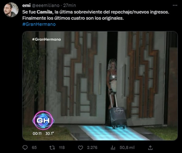 Las reacciones en las redes tras la eliminación de Camila de Gran Hermano (Foto: Twitter @eeemiliano)
