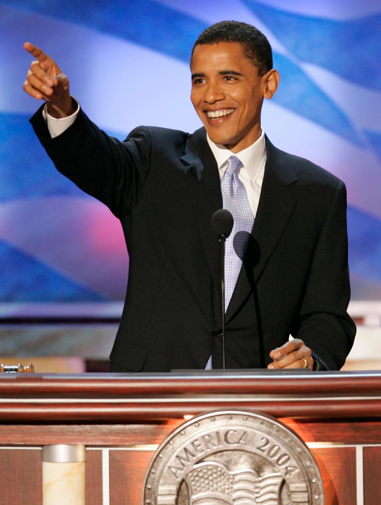 Barack Obama, candidate for a Senate seat in Illinois and one of the keynote speakers of the 2004 Democratic National Convention, addresses delegates in Boston, Massachusetts on July 27, 2004.