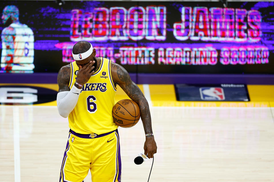 LOS ANGELES, CALIFORNIA - FEBRUARY 07: LeBron James #6 of the Los Angeles Lakers addresses the crowd after scoring to pass Kareem Abdul-Jabbar to become the NBA's all-time leading scorer, surpassing Abdul-Jabbar's career total of 38,387 points against the Oklahoma City Thunder at Crypto.com Arena on February 07, 2023 in Los Angeles, California. NOTE TO USER: User expressly acknowledges and agrees that, by downloading and or using this photograph, User is consenting to the terms and conditions of the Getty Images License Agreement. (Photo by Ronald Martinez/Getty Images)