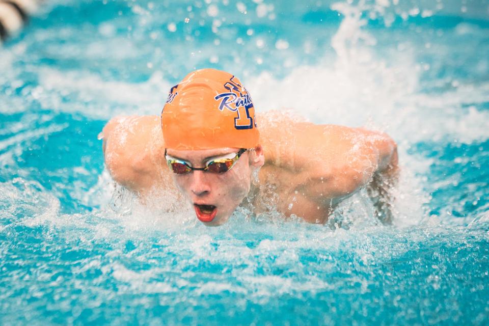 Matthew Klinge of Harrison performs in the 200 yard IM during the North Central Conference Swimming and Diving Championships held at Purdue University on Saturday January 6, 2024.