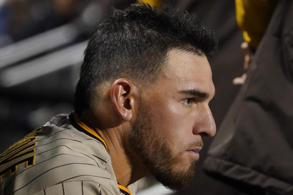 San Diego Padres starting pitcher Joe Musgrove (44) watches play from the dugout against the New York Mets during the seventh inning of Game 3 of a National League wild-card baseball playoff series, Sunday, Oct. 9, 2022, in New York. (AP Photo/John Minchillo)