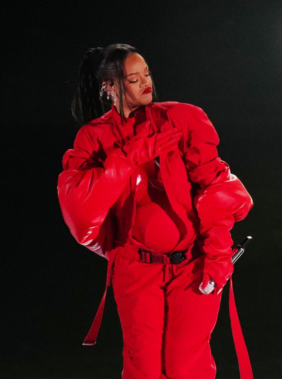 Rihanna performs during halftime of Super Bowl 57.