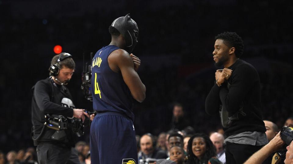 LOS ANGELES, CA – FEBRUARY 17: Victor Oladipo #4 of the Indiana Pacers puts on Marvel’s Black Panther mask from Chadwick Boseman during the 2018 Verizon Slam Dunk Contest at Staples Center on February 17, 2018 in Los Angeles, California. (Photo by Kevork Djansezian/Getty Images)