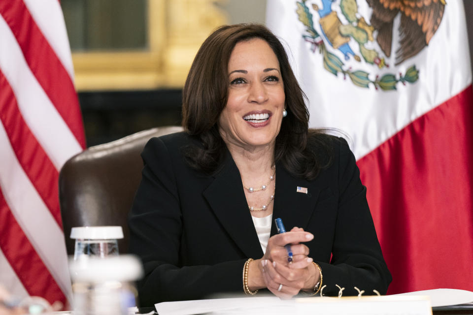 Vice President Kamala Harris speaks during a virtual meeting with Mexican President Andres Manuel Lopez Obrador at the Eisenhower Executive Office Building on the White House complex in Washington on Friday, May 7, 2021. (AP Photo/Manuel Balce Ceneta)