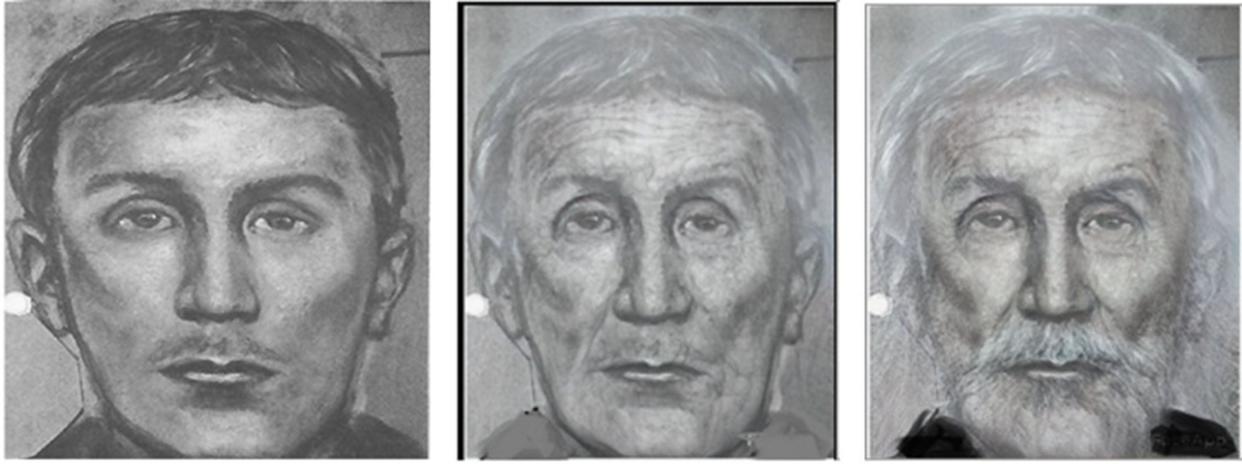 This undated composite image shows what the I-70 Serial Killer could look like from when he conducted a one-month killing spree across the central U.S. in the early 1990s, roughly when he was in his 20s to what he may look like now in his 50s or pushing 60.