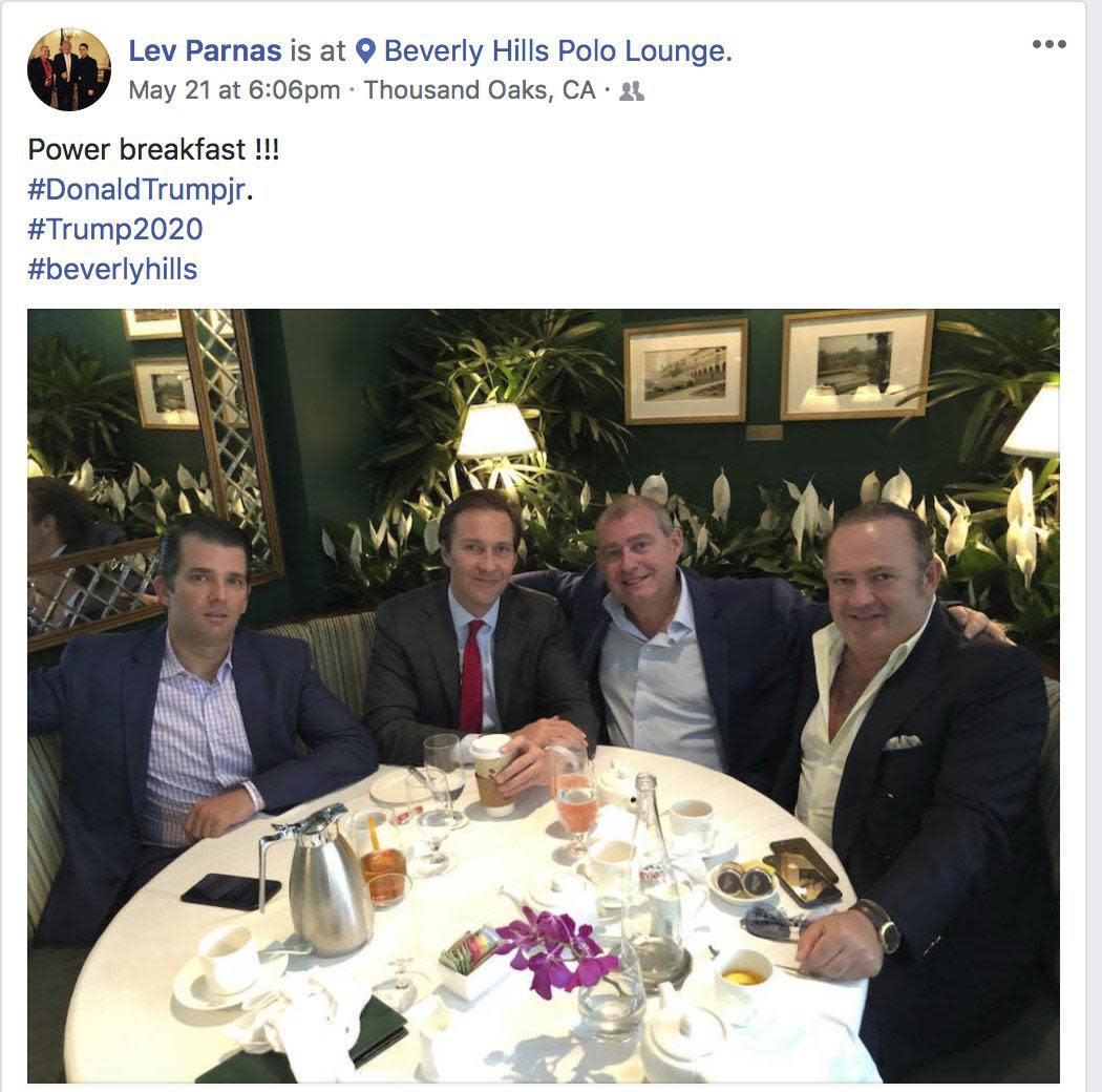 This Facebook screen shot shows, from left, Donald Trump Jr., Tommy Hicks Jr., Lev Parnas and Igor Fruman, posted on May 21, 2018. Parnas and Fruman were arrested in October 2019 on campaign finance violations resulting from a donation to a political action committee supporting President Donald Trump's reelection.