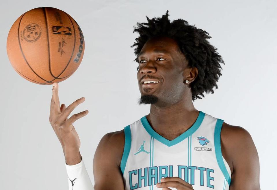 Charlotte Hornets center Mark Williams poses for a portrait during the team’s media day at Spectrum Center in Charlotte, NC on Monday, October 2, 2023.