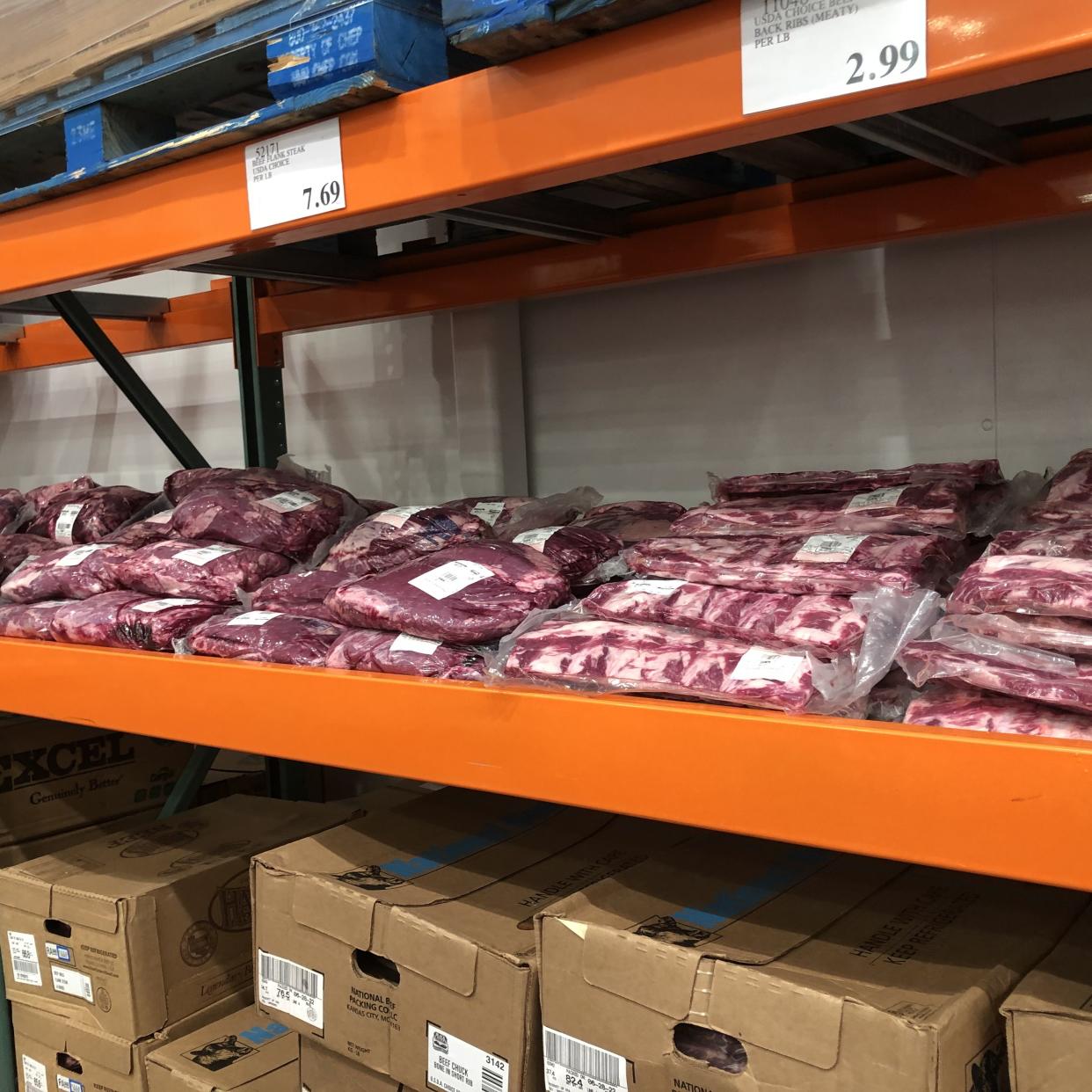 Rows of ribs and other packaged meats are shown at a Costco Business Center location.
