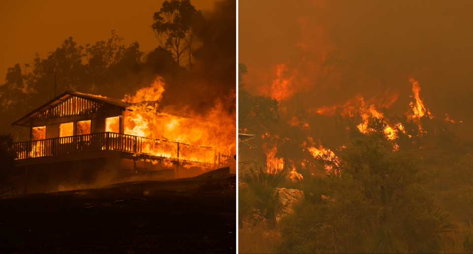 Two photos side by side. Left image shows a house on fire. Right image shows a hill of trees on fire. 