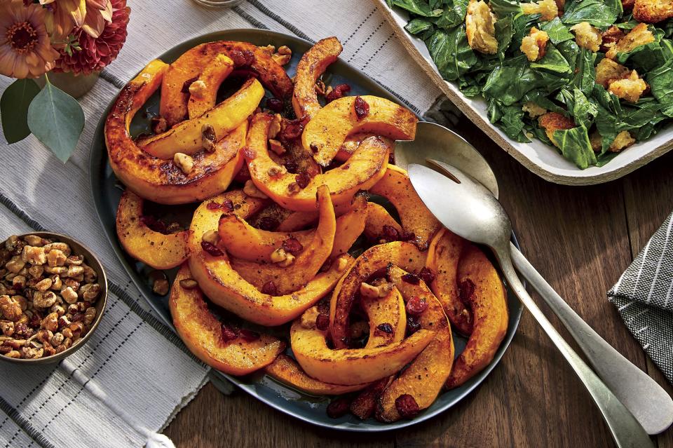 Candy Roaster Squash with Sorghum, Black Walnuts, and Cranberries