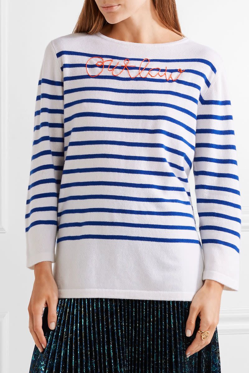 <p>Embroidered striped cashmere sweater, £153, Lingua Franca @ Net-a-Porter</p><p><a rel="nofollow noopener" href="https://www.net-a-porter.com/gb/en/product/942764/lingua_franca/outlaw-embroidered-striped-cashmere-sweater" target="_blank" data-ylk="slk:BUY NOW;elm:context_link;itc:0;sec:content-canvas" class="link ">BUY NOW</a></p>