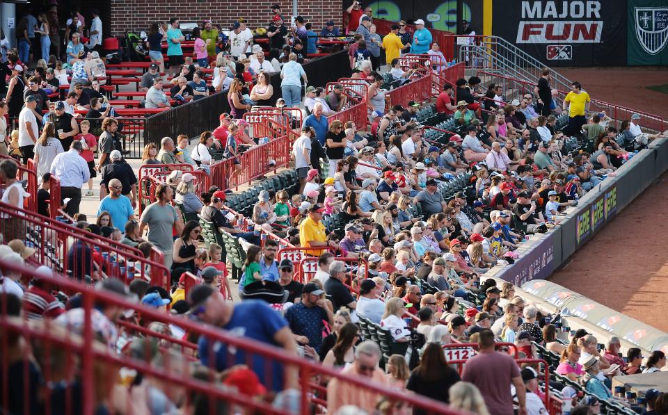 Baseball fans watch the Erie SeaWolves host the Akron RubberDucks at UPMC Park in Erie on June 30, 2023.