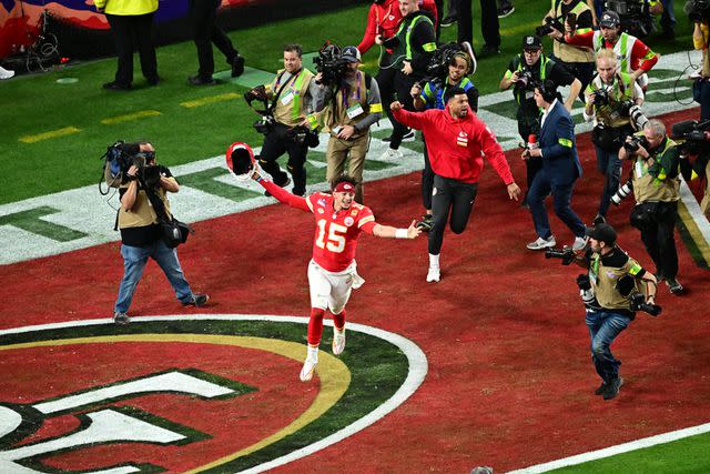 <p>Kohjiro Kinno/Sports Illustrated via Getty </p> Super Bowl LVIII: Kansas City Chiefs Patrick Mahomes (15) in action, celebrates victory following game vs San Francisco 49ers at Allegiant Stadium.