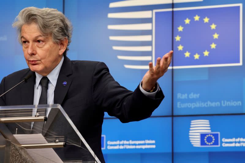FILE PHOTO: European Commissioner for Internal Market and Services Thierry Breton talks during a news conference at the European Council headquarters in Brussels