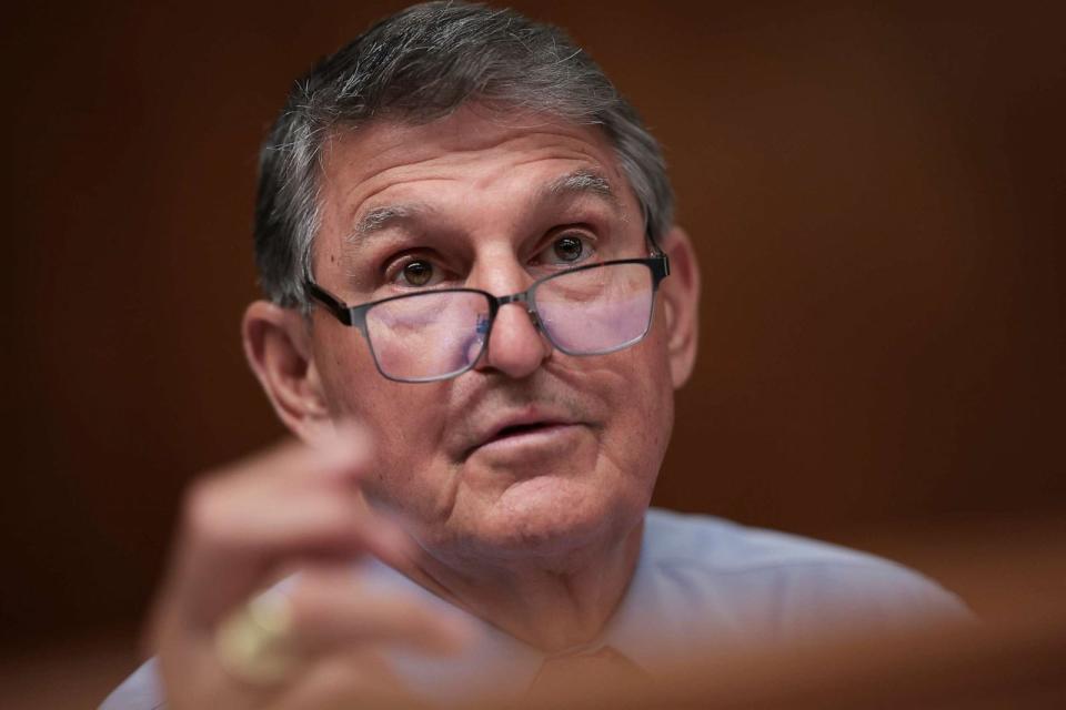 PHOTO: Sen. Joe Manchin (D-WV) questions Securities and Exchange Commission Chairmain Gary Gensler as Gensler testifies before the Financial Services and General Government Subcommittee, July 19, 2023, in Washington. (Win Mcnamee/Getty Images)