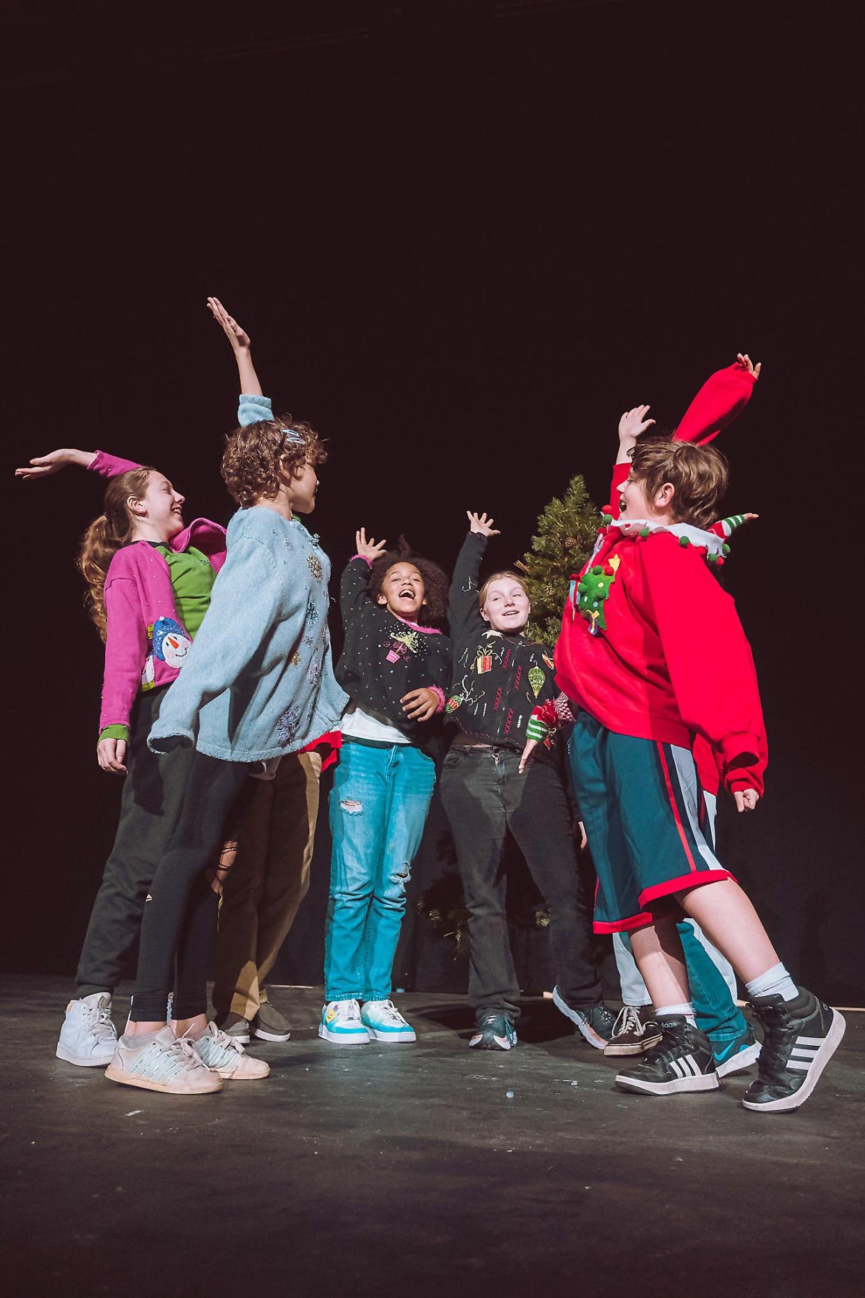 From left, Lola Lewis, Bella Blackmon, Aubrey Abney, Ella Huffman and Elias Rhudy are shown in a scene from Theatre of Gadsden's Treehouse Theatre Series production of "All I Want for Christmas is My Two Front Teeth."